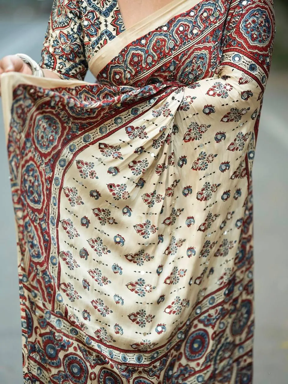 Beautiful WMS Semi Model Silk Ajarakh Printed Mirror Work Saree Wholesale Surat 2026