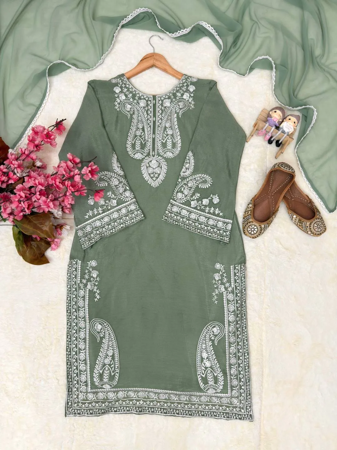 Beautiful C585 1467 Chinon Silk Embroidery Kurti Palazzo Wholesale Surat 2026