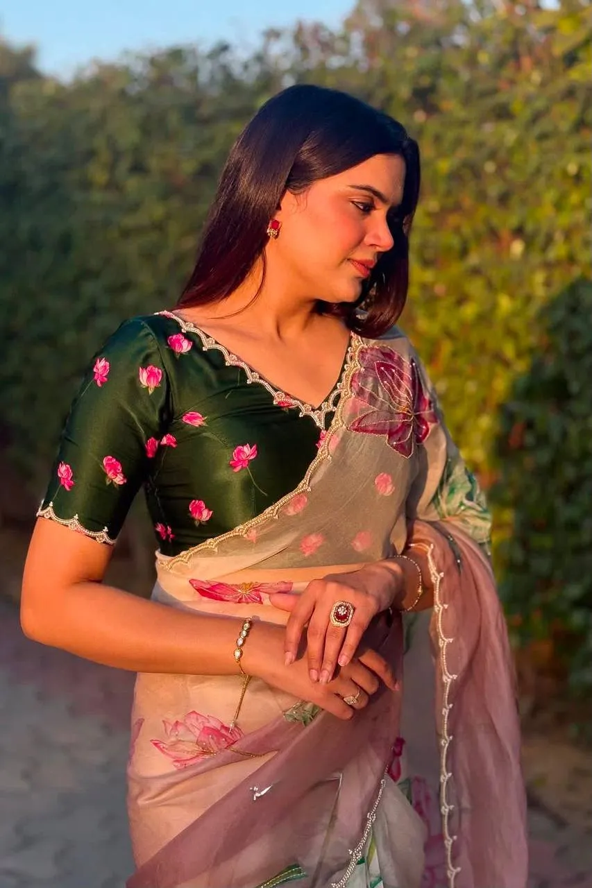 Beautiful WMS Organza Silk Hand Work Baby Pink Raksha Bandhan Saree 2026