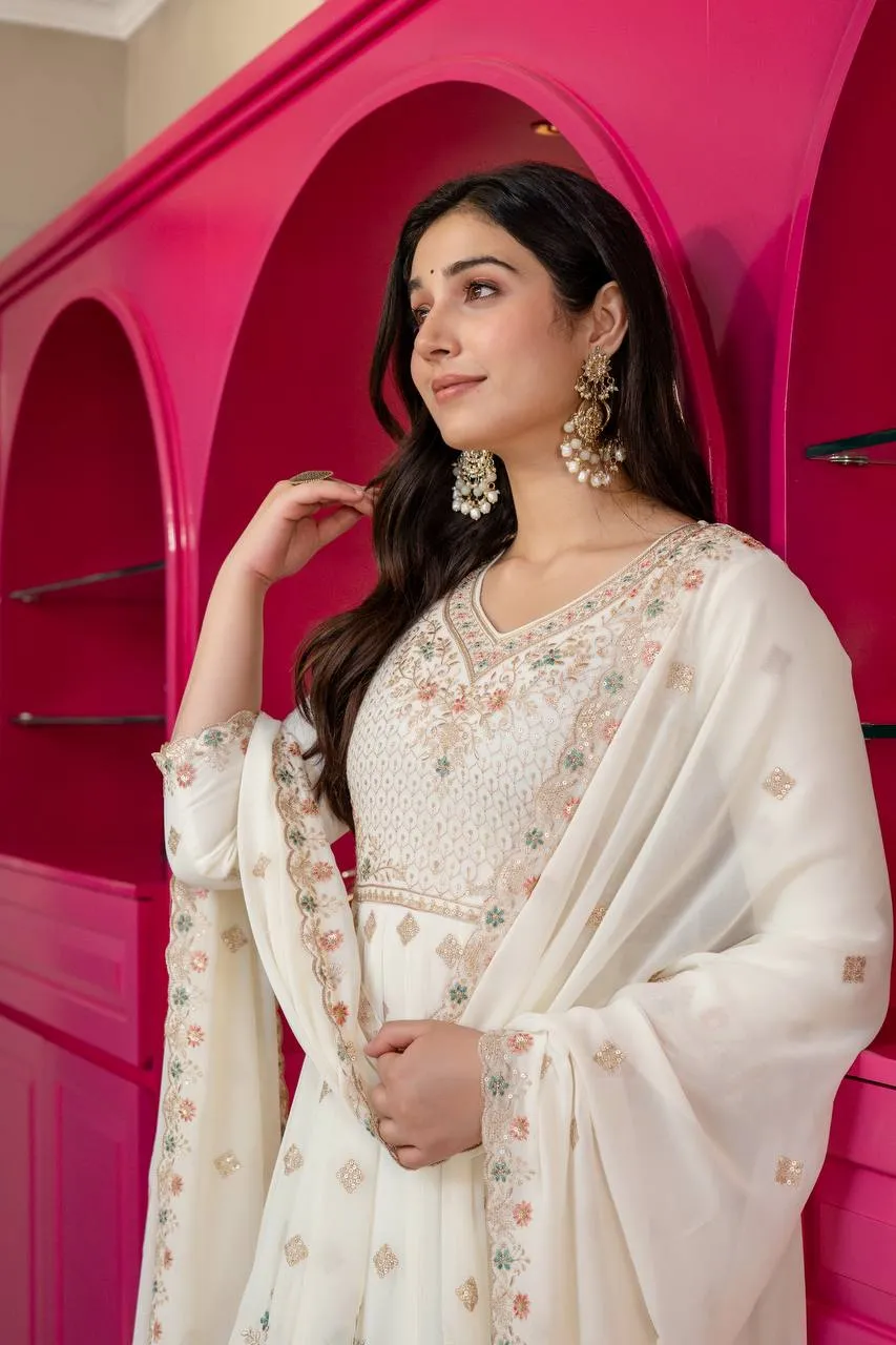 Stylish STD 6122 Blooming Zari Thread Work Anarkali Gown Pant Dupatta Set 2026