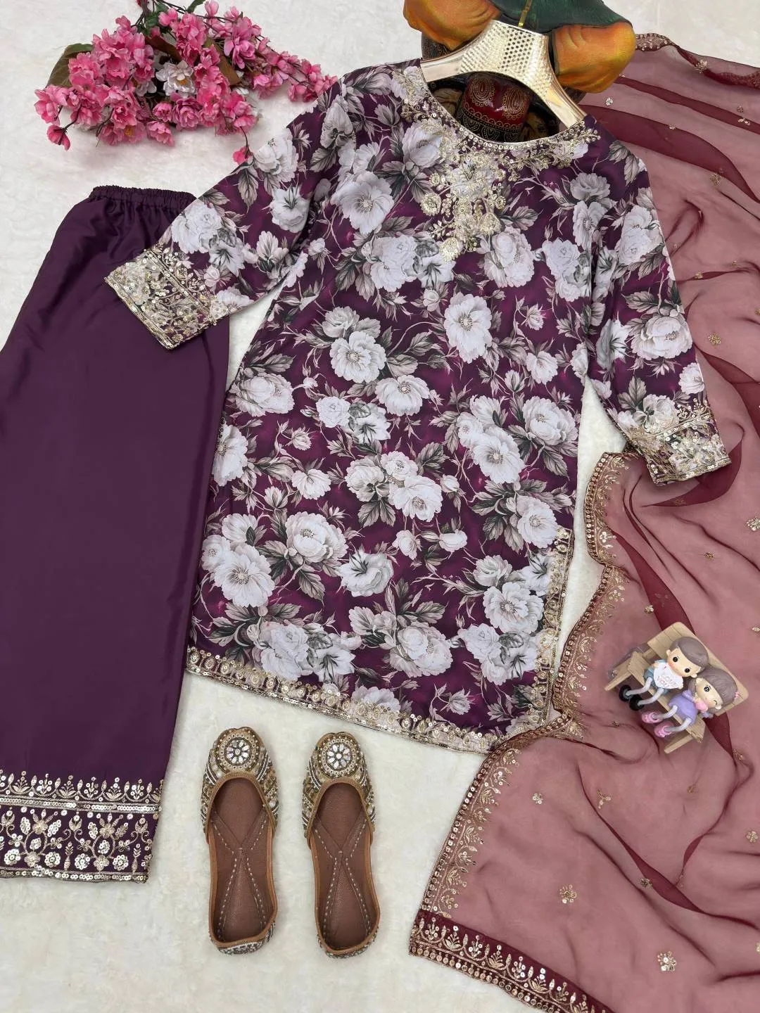 C585 1473 Maslin Cotton Sequins Zari Work Festival Kurti Plazzo Set