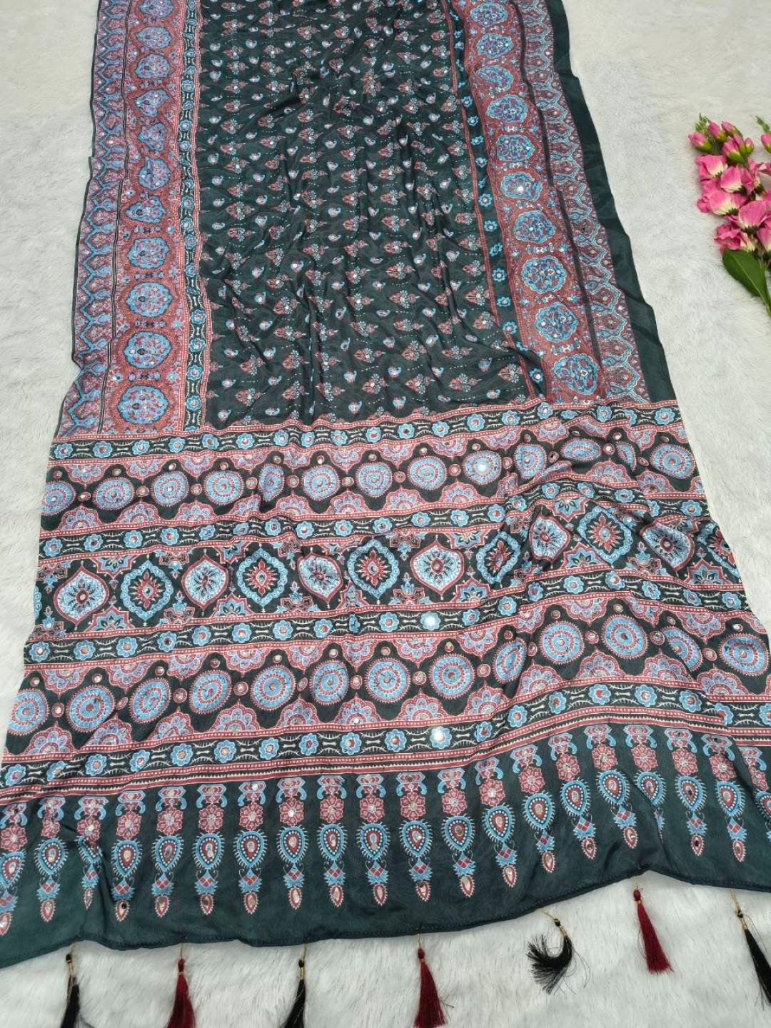 WMS Semi Model Silk Ajarakh Printed Mirror Work Saree Wholesale Surat