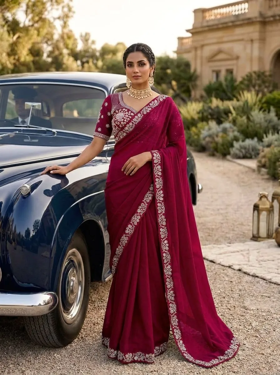 Launching Kiara Marvel1 Malay Satin Silk Embroidery Saree Wholesale Surat 2026