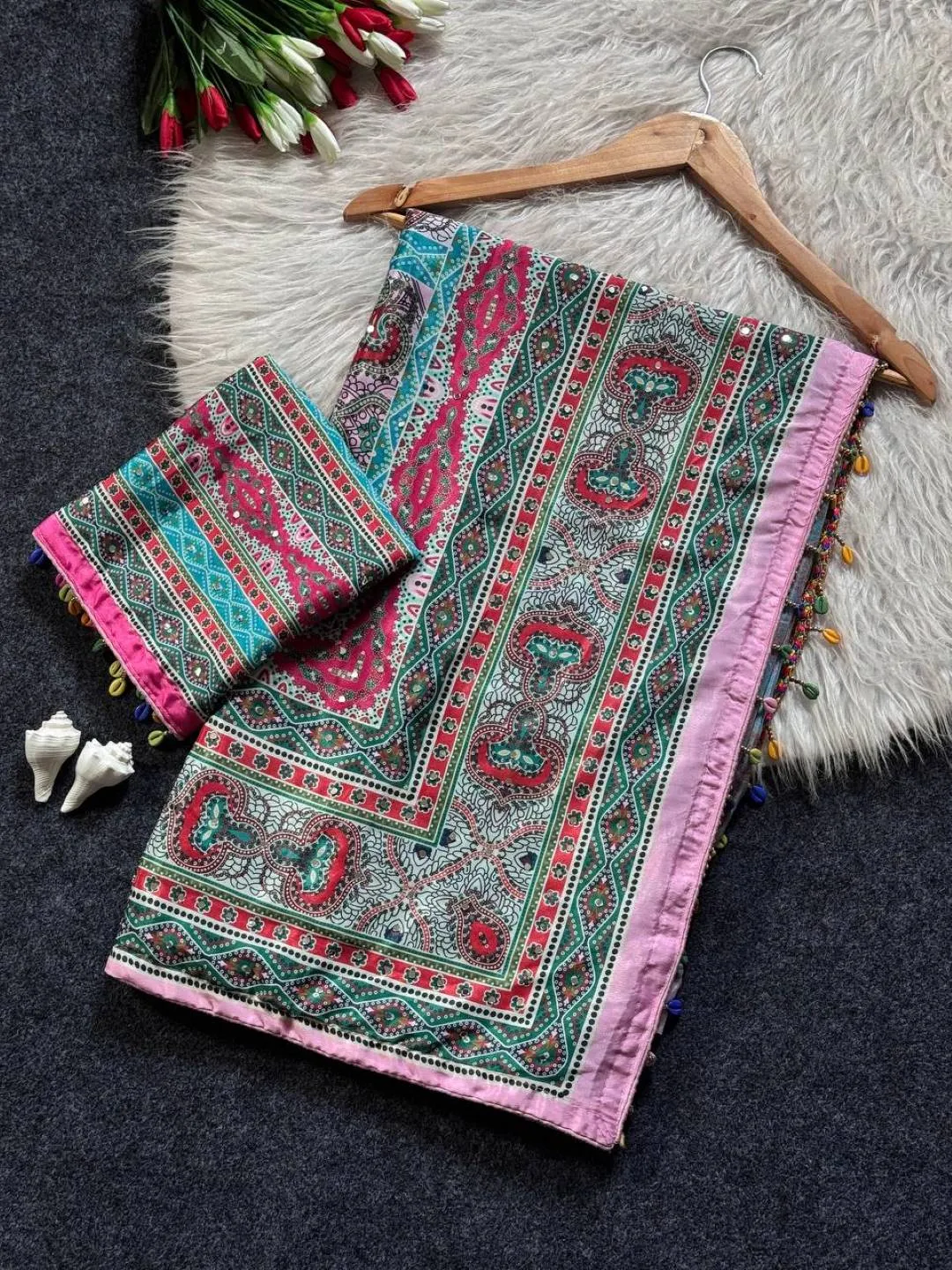 Buy WMS Roman Silk Ajarakh Printed Mirror Work Saree Wholesale Surat 2026