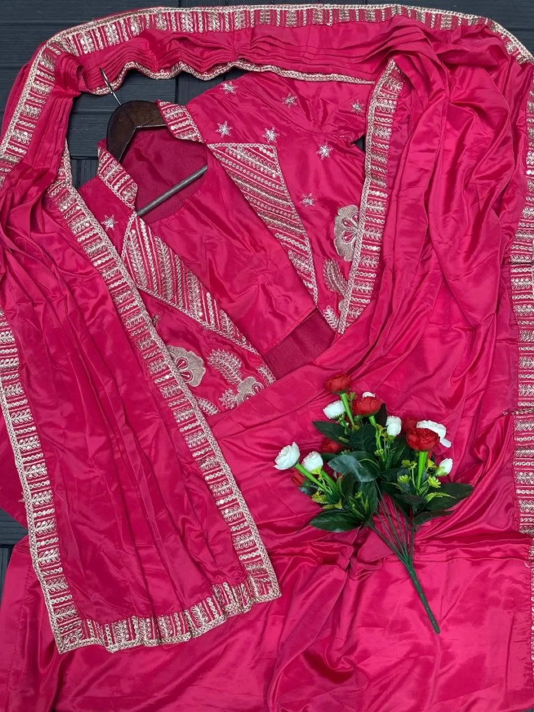 Buy Madhuri Crep Satin Embroidery Ready To Wear Saree Wholesal Surat 2026