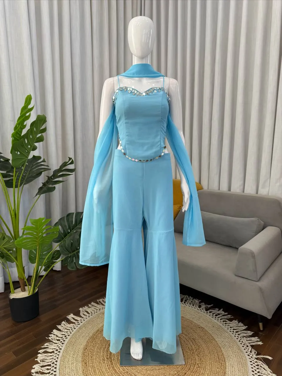 Beautiful Deepika 1590 Georgette Mirror Work Sky Blue Top Gharara Dupatta Set 2026