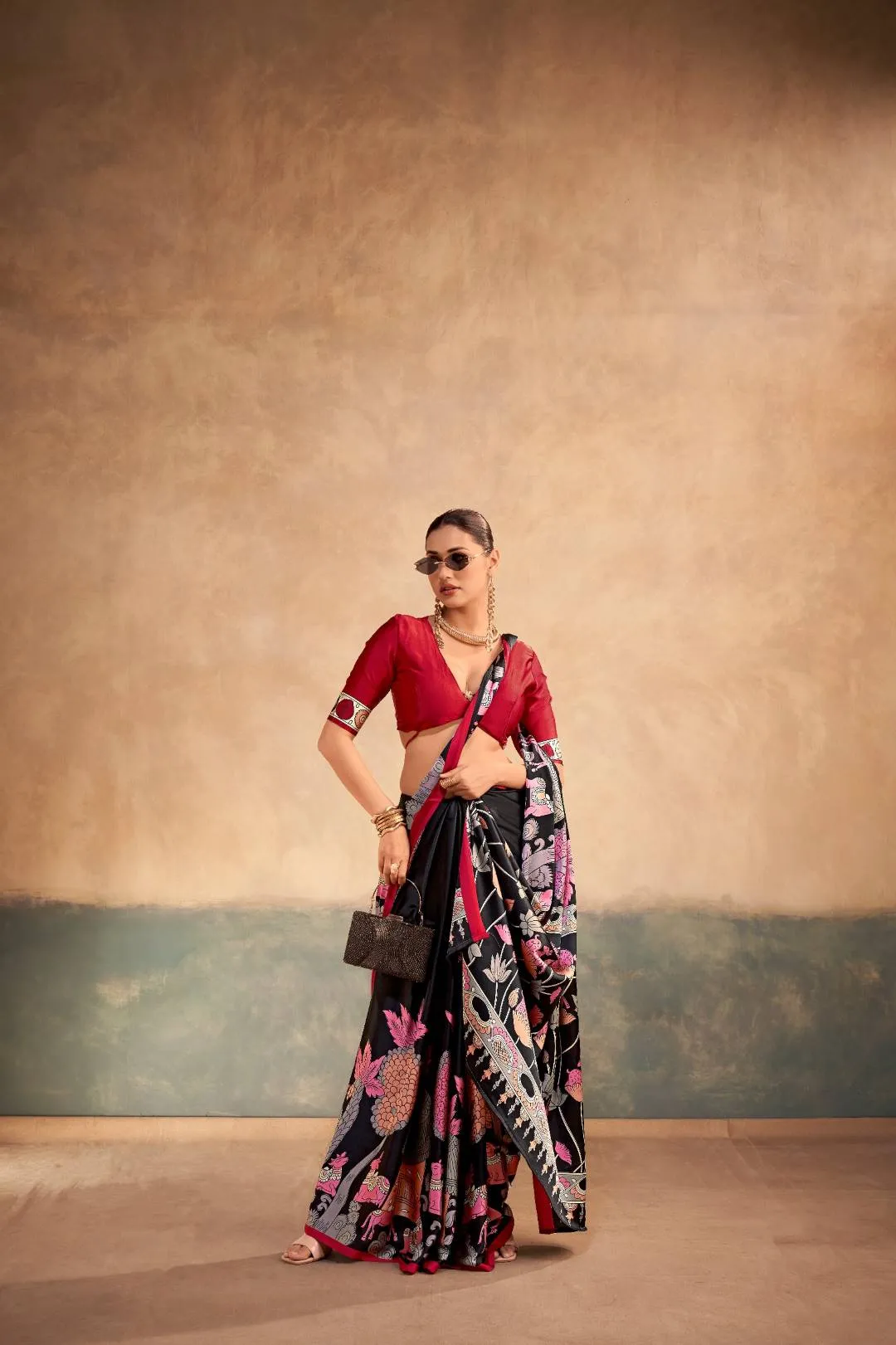 Latest WMN 7208 Sahithya Satin Silk Kalamkari Printed Party Wear Saree Wholesale Surat 2026