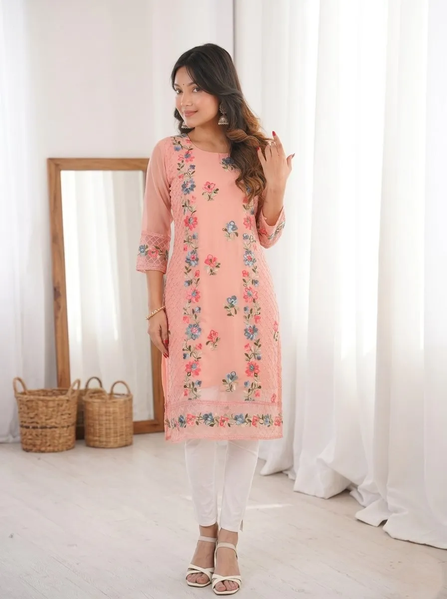 Beautiful Kiara Georgette Lucknowi Chickenkari Work Kurti Wholesale Surat 2026