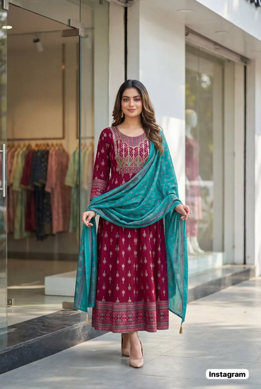 Launching SS2016 Rayon Embroidery Anarkali Gown With Dupatta Wholesale Surat 2026