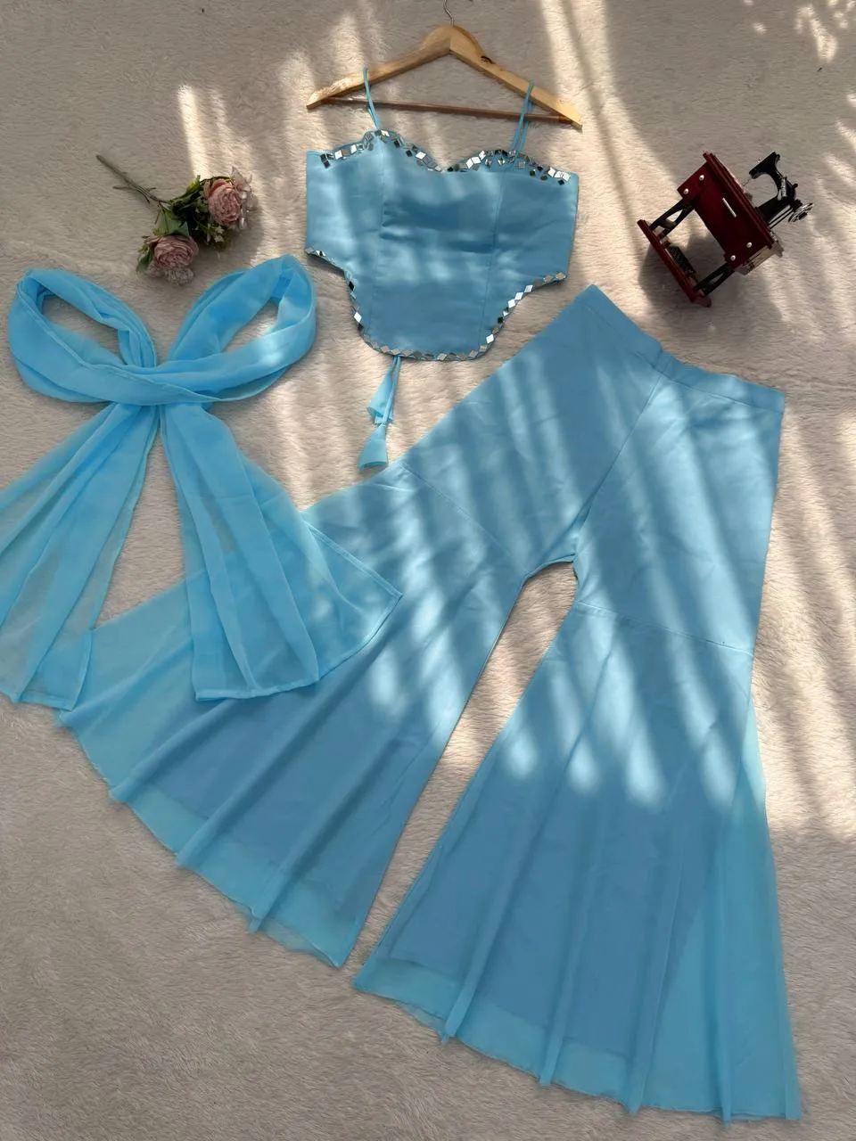 Beautiful Deepika 1590 Georgette Mirror Work Sky Blue Top Gharara Dupatta Set 2026