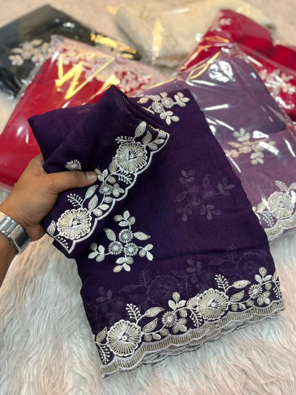 Beautiful SNT Crush Silk Saree With Sequence Embroidery Work 2026