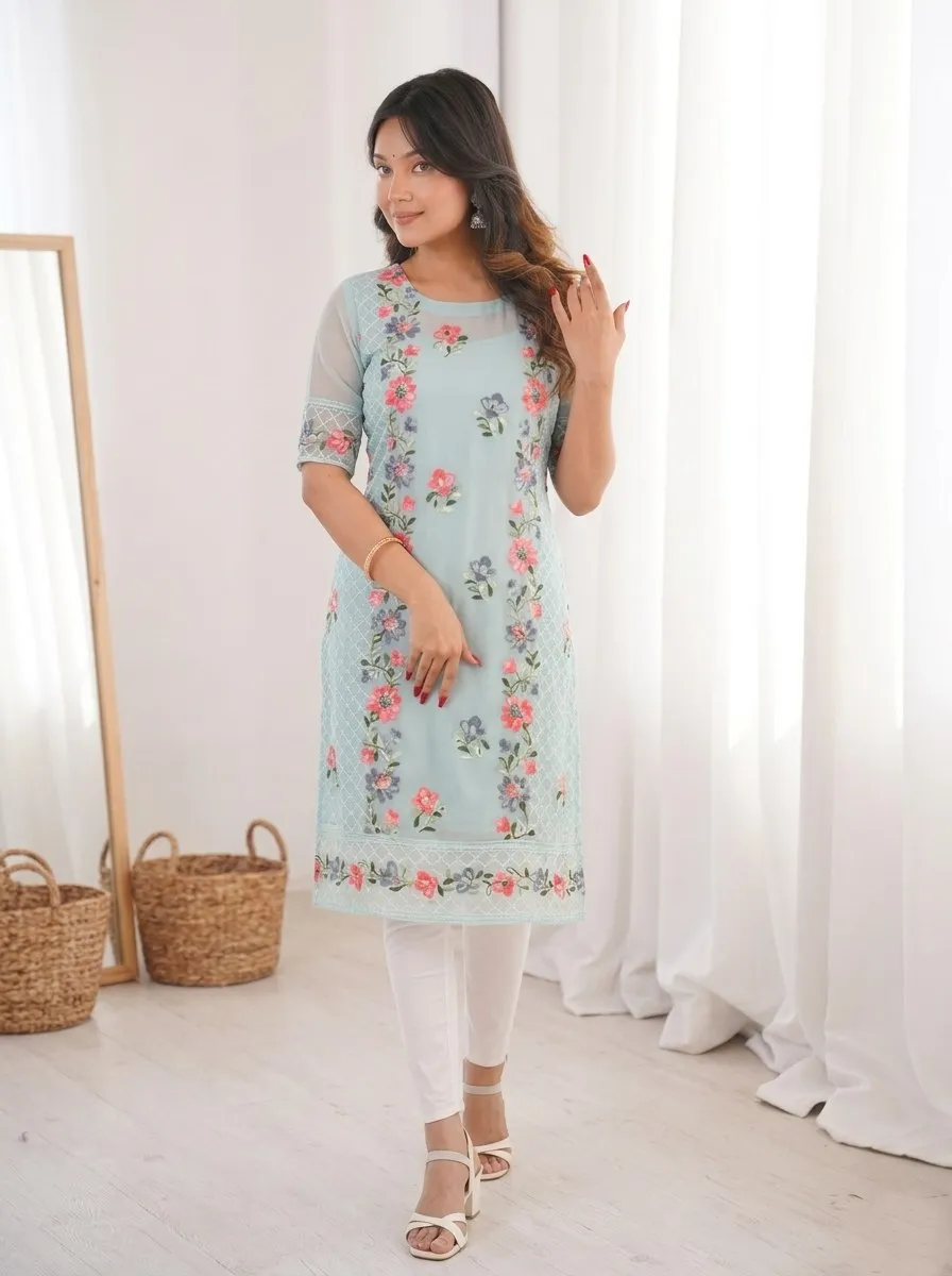 Beautiful Kiara Georgette Lucknowi Chickenkari Work Kurti Wholesale Surat 2026