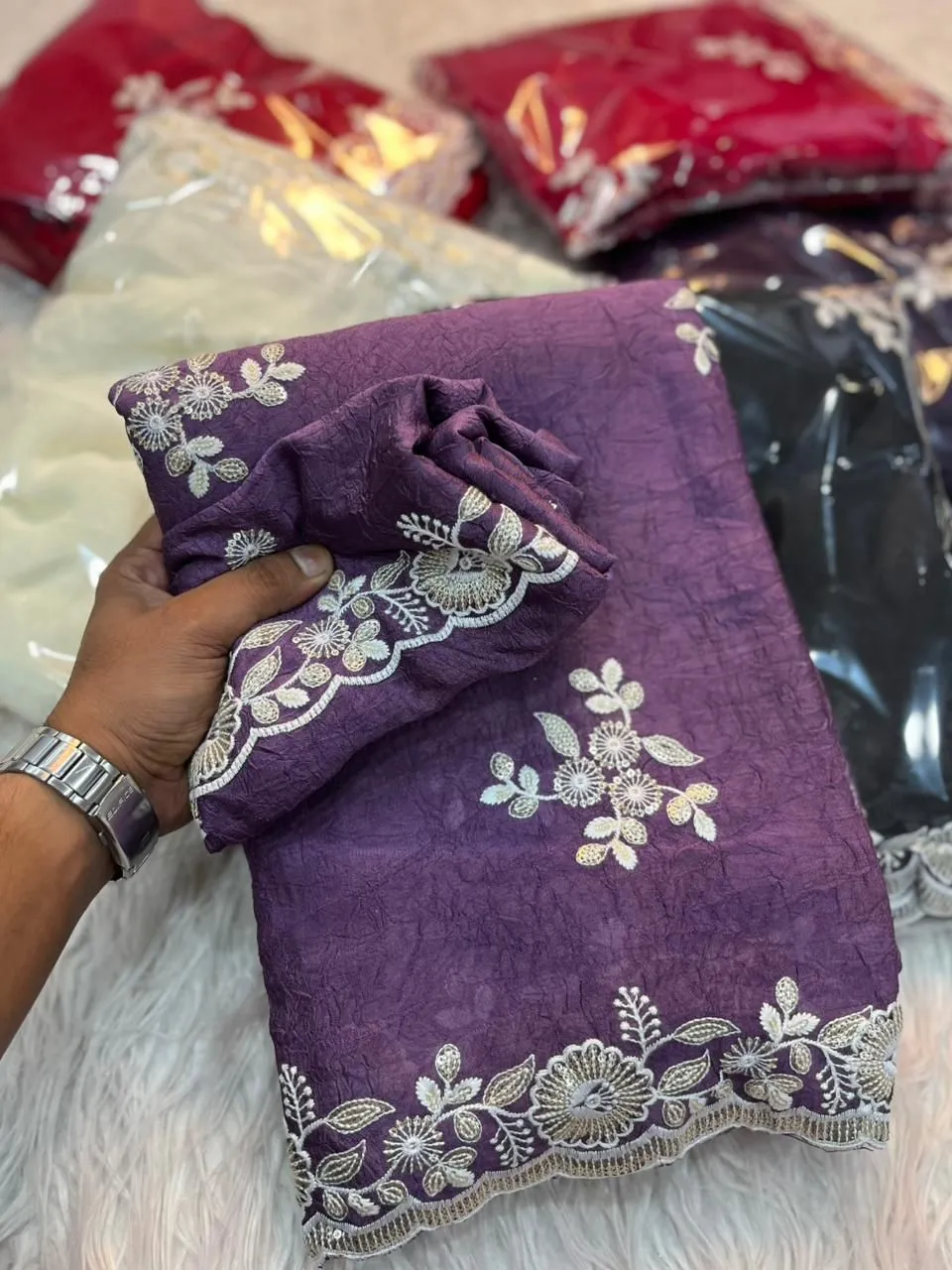 Beautiful SNT Crush Silk Saree With Sequence Embroidery Work 2026