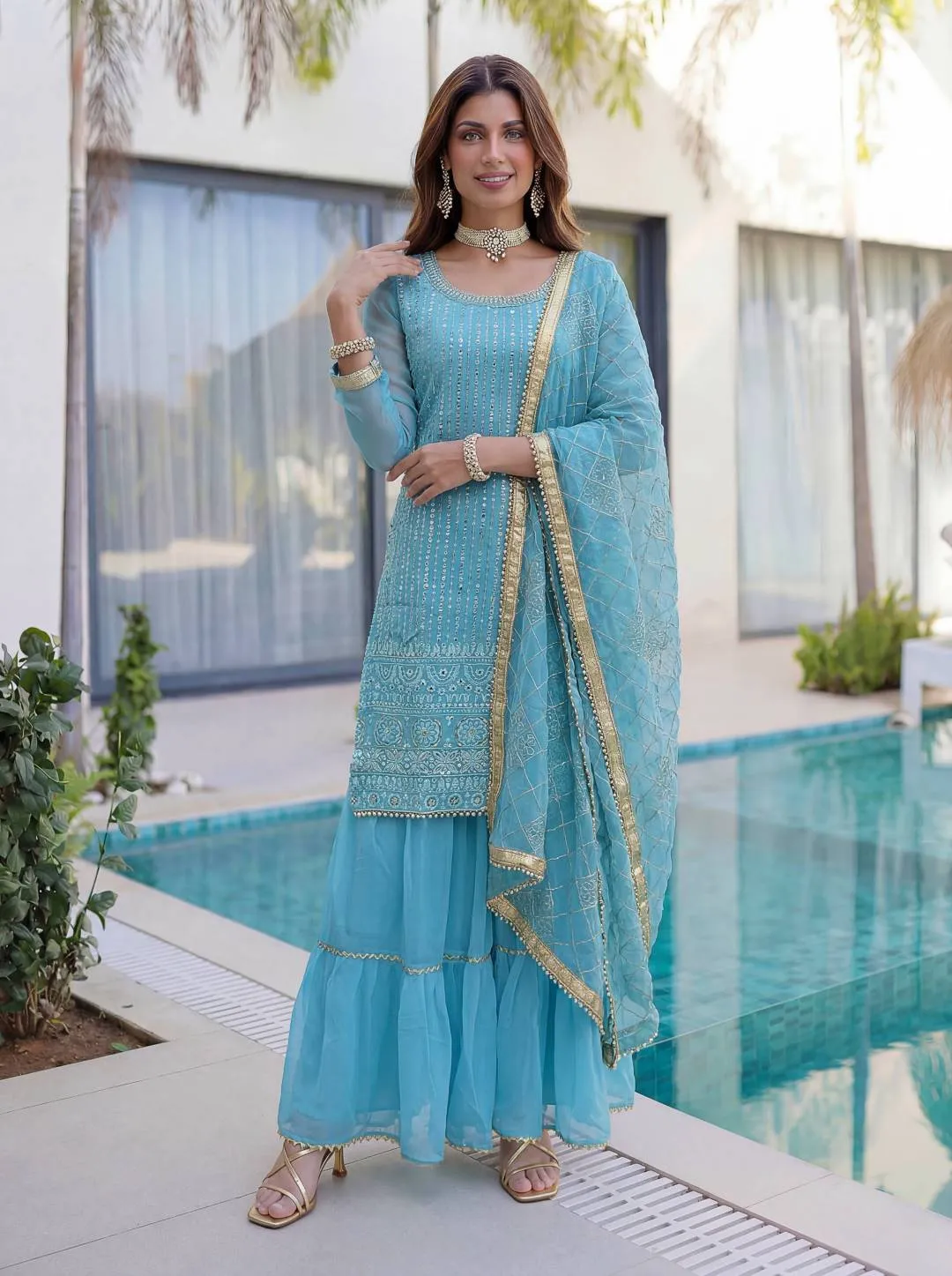 Stylish DKT 5065 Georgeet Embroidery Work Sharara Suit Eid Collection 2026