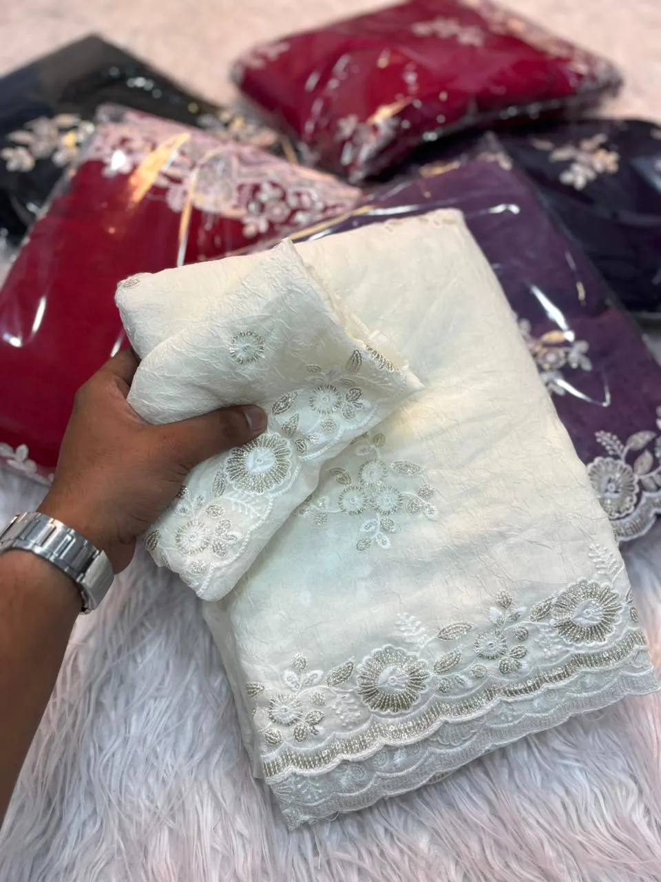 Beautiful SNT Crush Silk Saree With Sequence Embroidery Work 2026