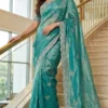 WMS Fandy Satin Flower Embroidery Theard Work Party Wear Saree
