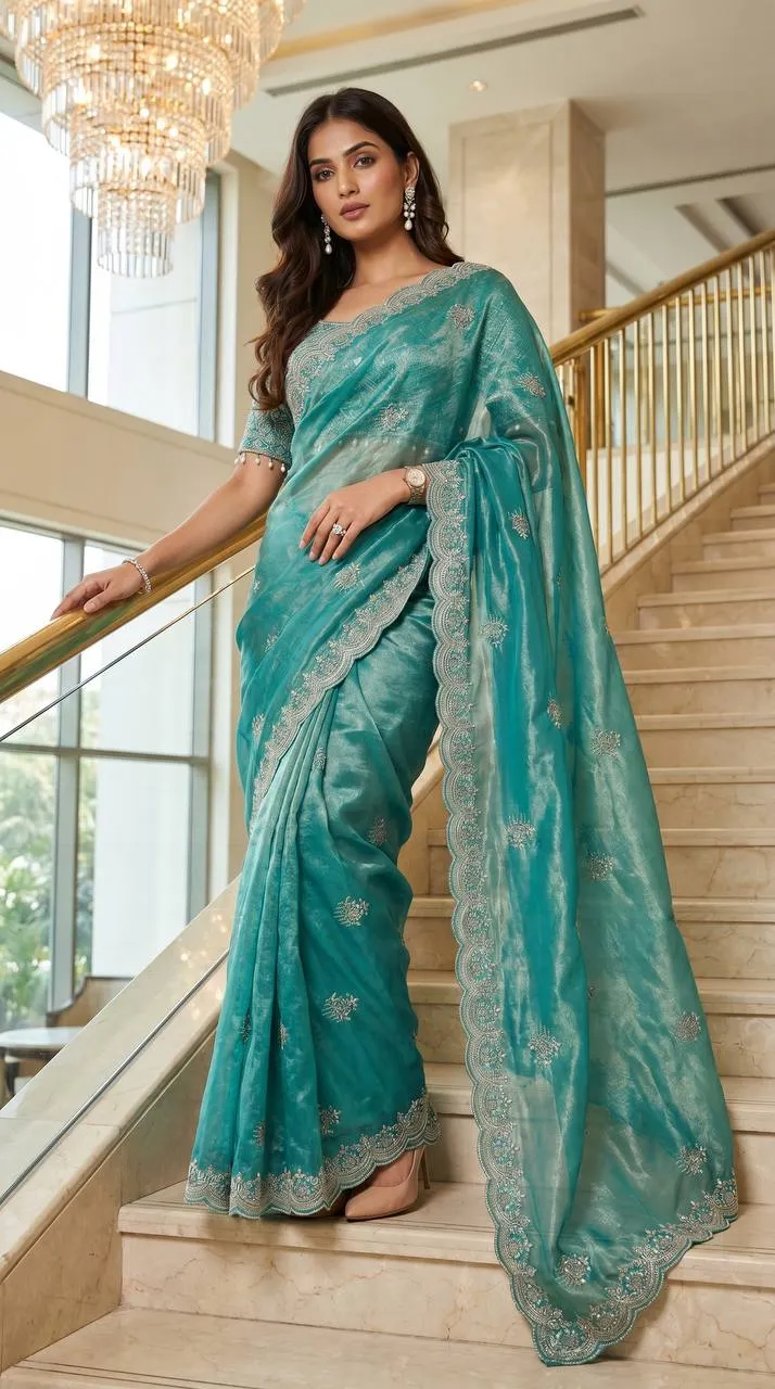 WMS Fandy Satin Flower Embroidery Theard Work Party Wear Saree