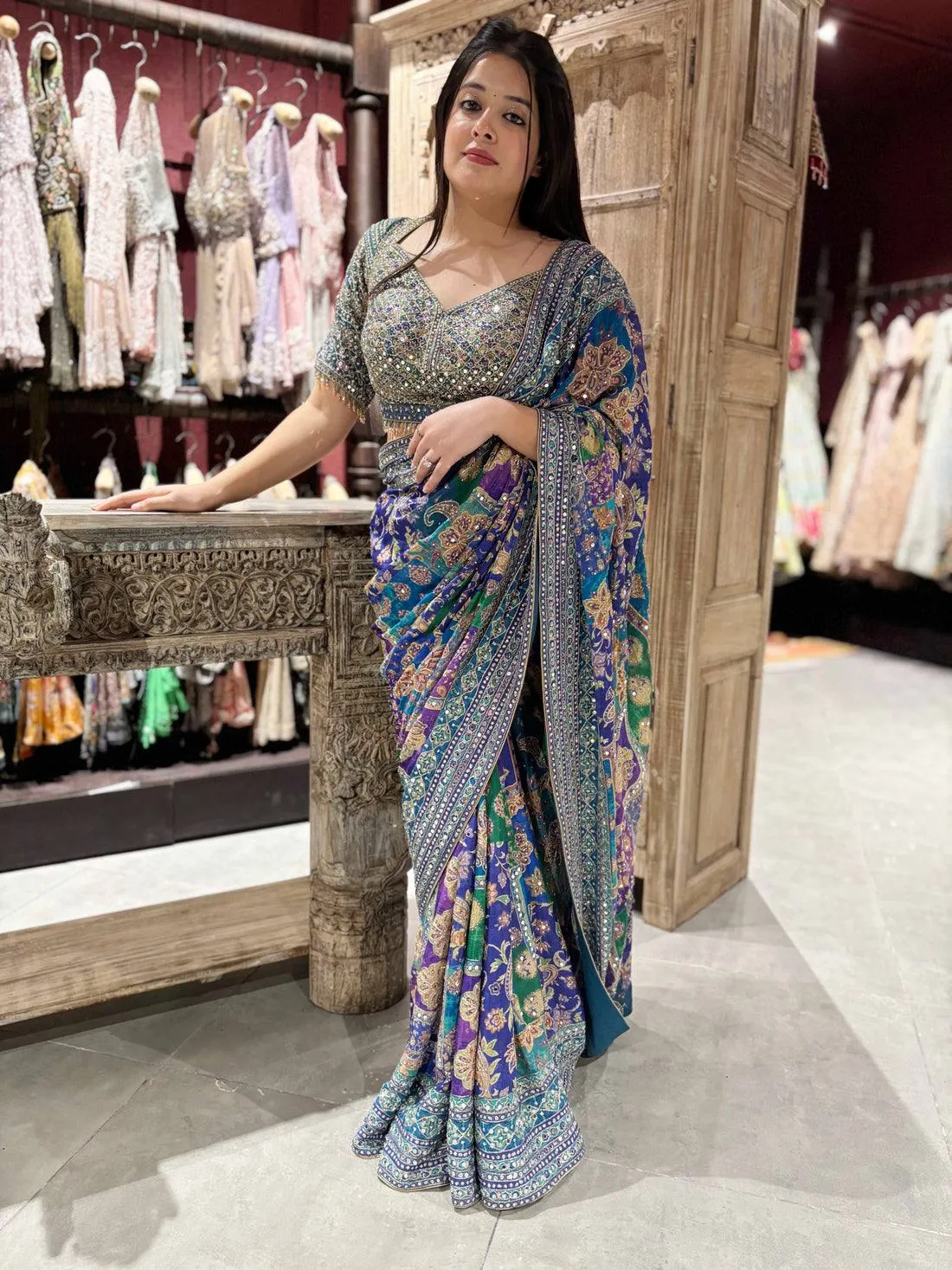 RBC Bluffy Chinon Silk Designer Kalamkari Printed Mirror Work Saree