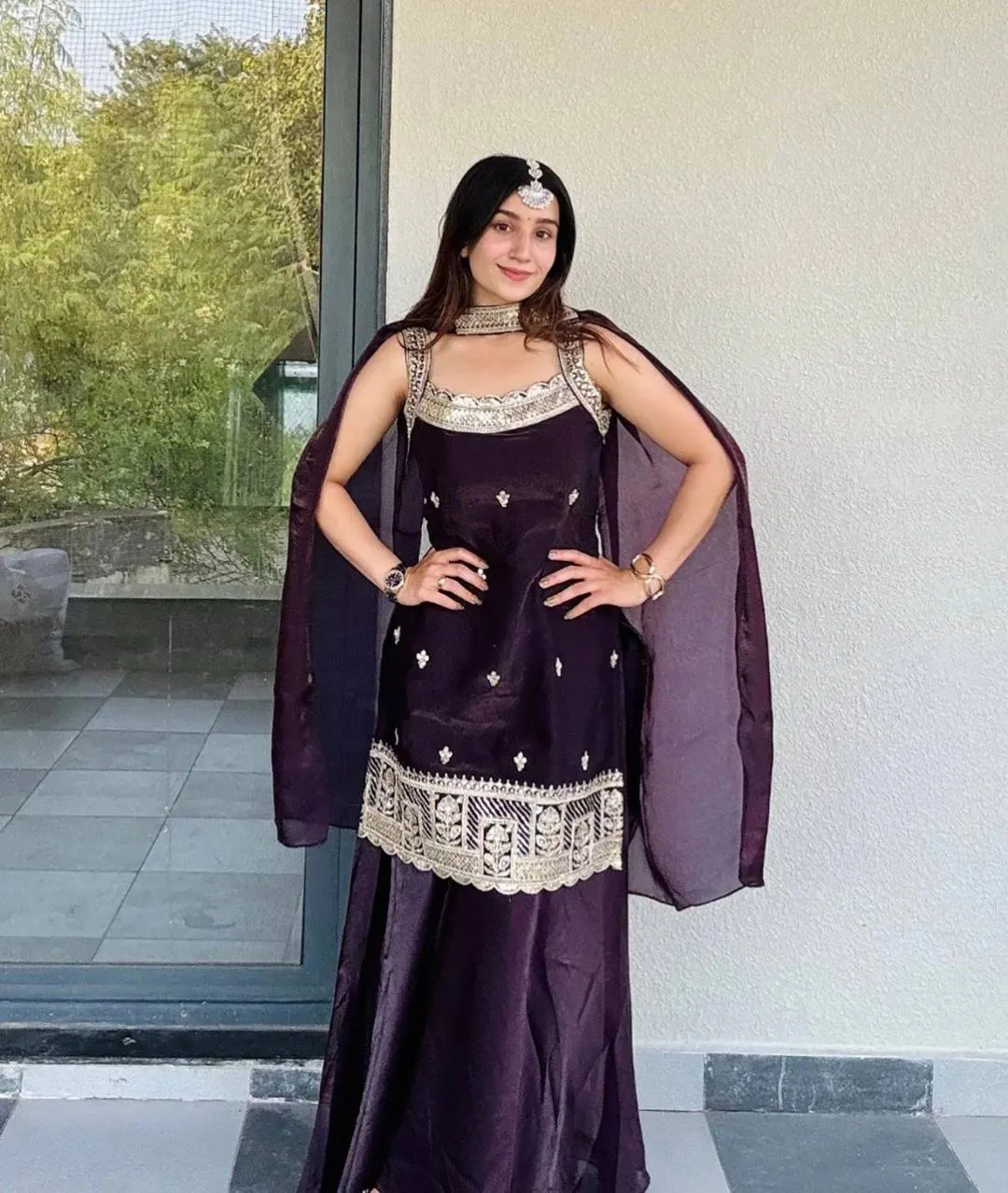 FFD Fandy Embroidery Work Wine Readymade Palazzo Suit