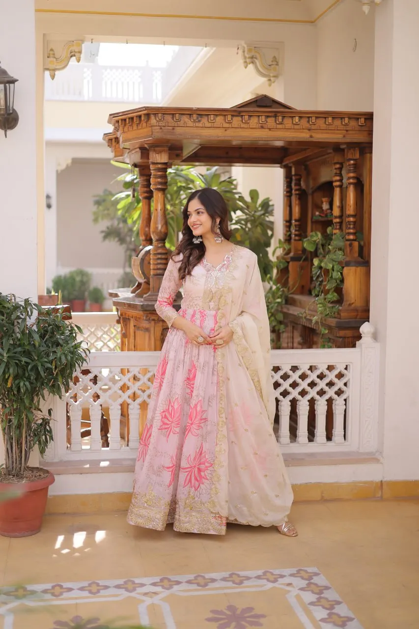 Moni 1243 Russian Silk Printed Zari Embroidery Party Wear Gown With Dupatta