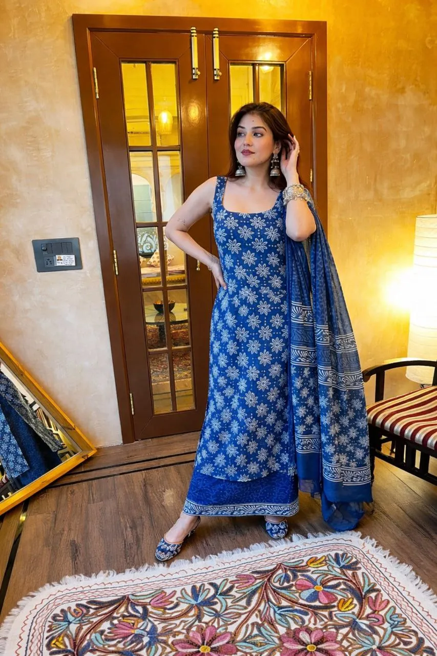 ATQ Rayon Slub Printed Kurti Palazzo With Dupatta Set