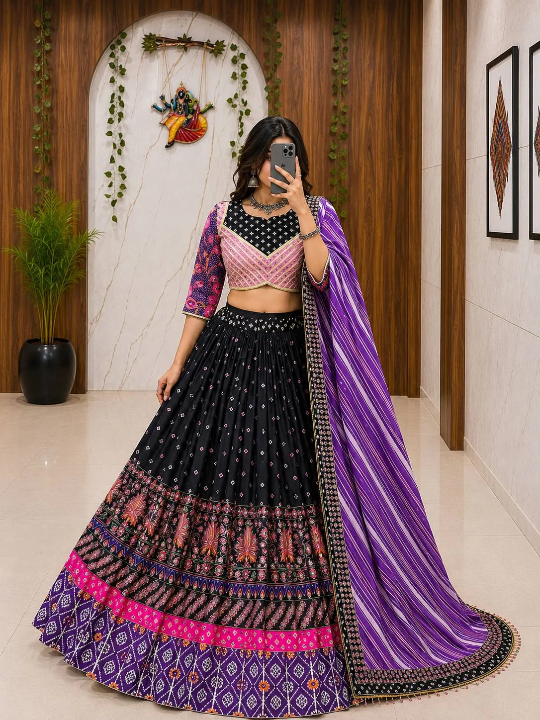 C585 172 Malai Silk Printed Mirror Work Navratri Chaniya Choli Collection