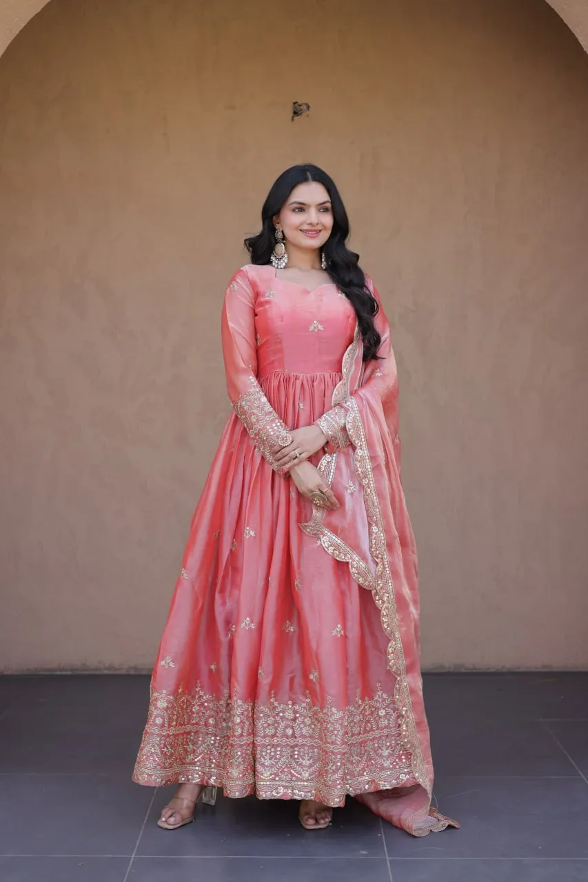 Moni 1260 Fendi Silk Zari Sequence Work Party Wear Gown Pant Dupatta