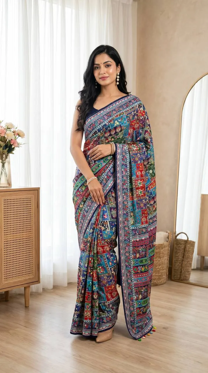WMS Ultra Silk Crepe Printed Mirror Work Festival Saree