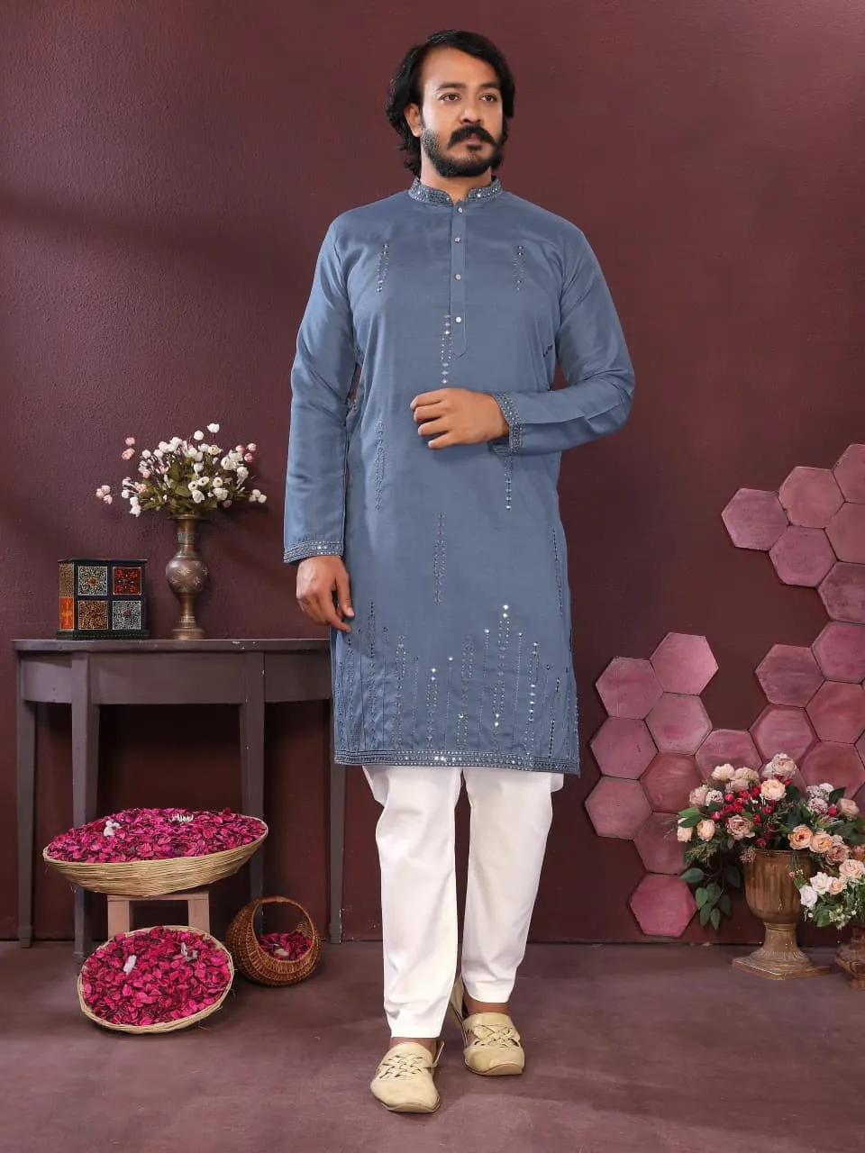 VTR Vantara 02 Smart Silk Embroidery Mirror Work Wedding Kurta Pyjama