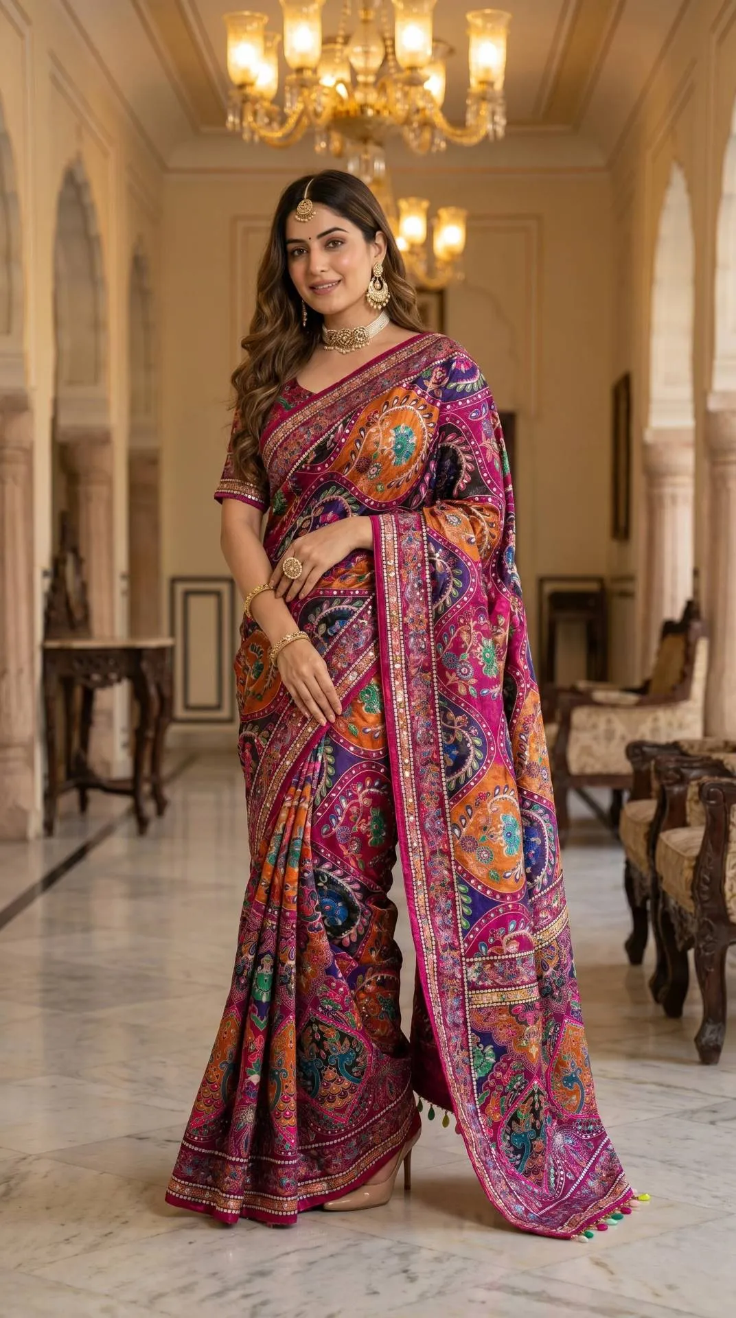 WMS Creap Silk Printed Mirror Work Durgapuja Saree Manufacturer in Surat