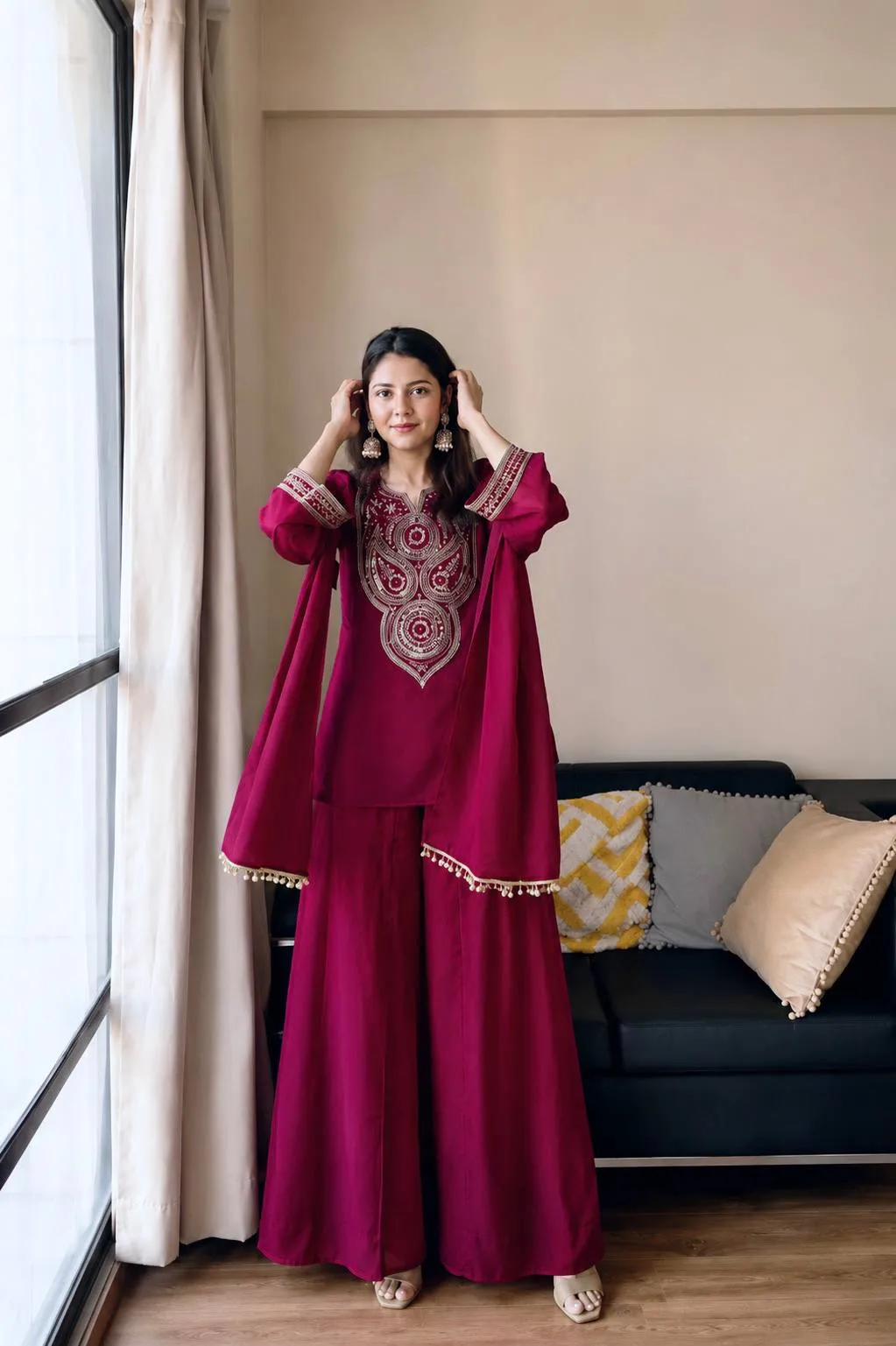 C585 1482 Vichitra Silk Embroidery Work Kurti Pant Dupatta Set