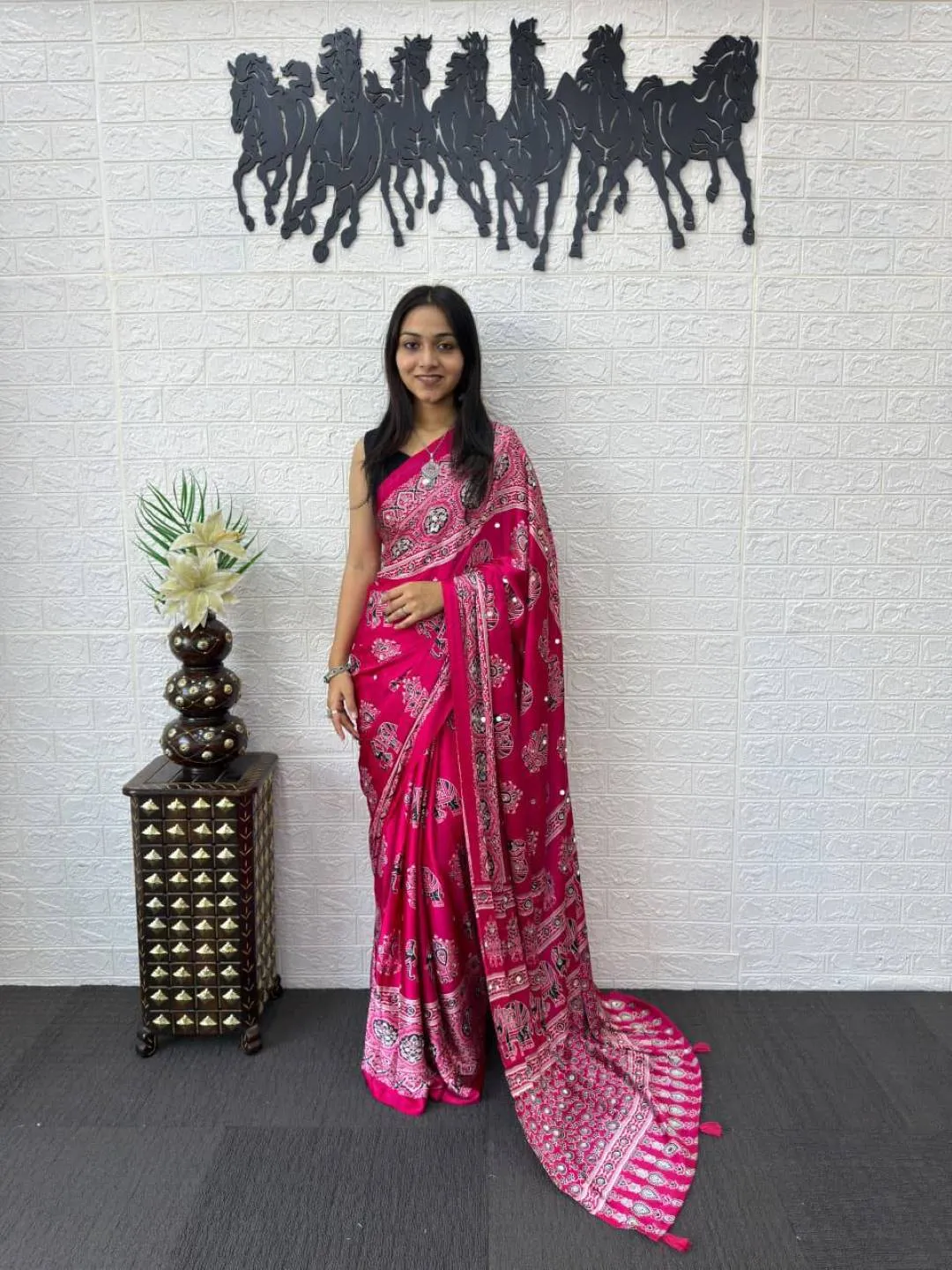RBC Gajji Silk Ajarakh Printed Mirror Work Festival Saree Collection