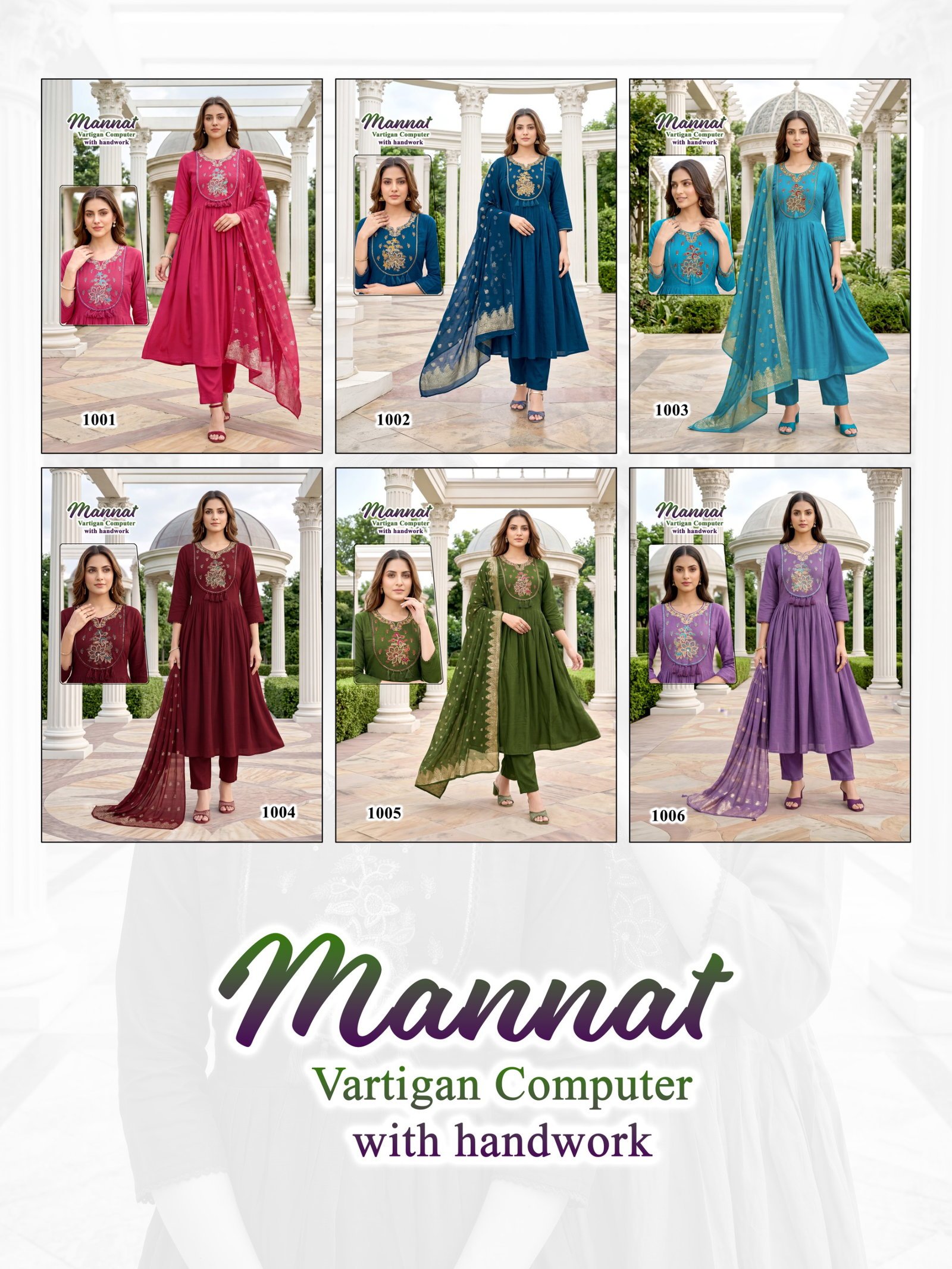 Beautiful Mannat D No 1001 To 06 Vertican Handworked Kurti Set Collection Wholesale 2026