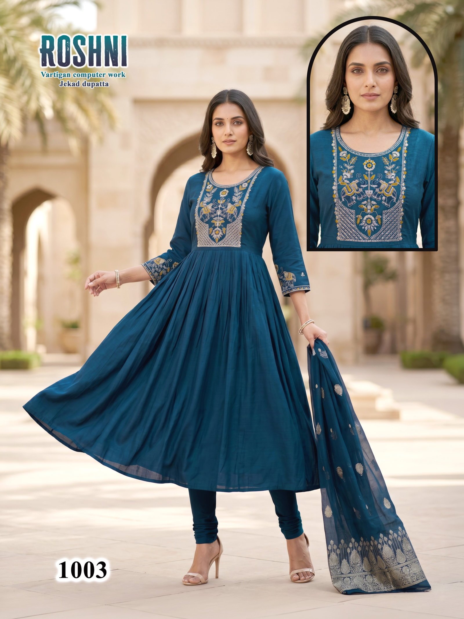 Latest Roshni D No 1001 To 08 Vertican Computer Worked Kurti Set Wholesale 2026