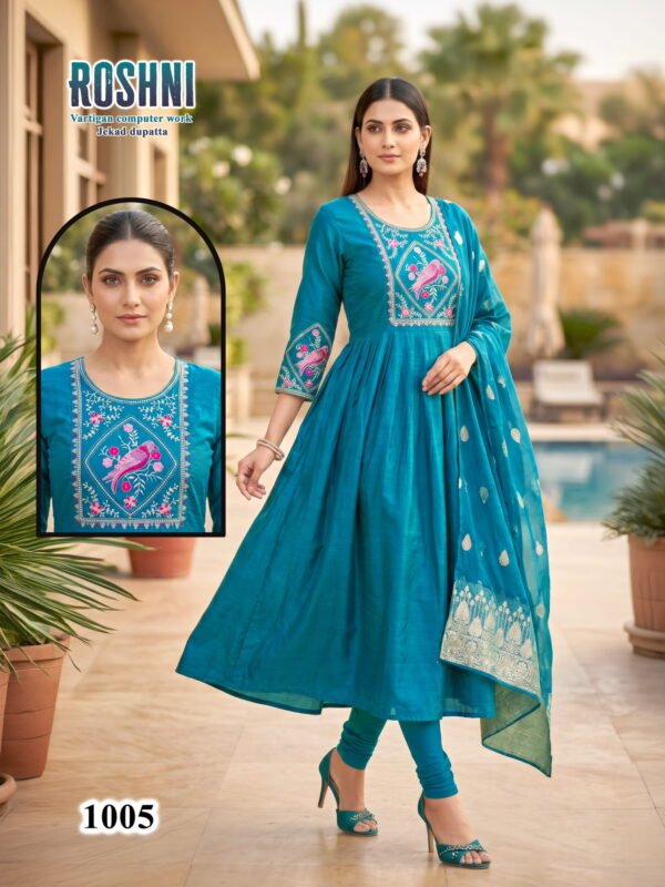 Latest Roshni D No 1001 To 08 Vertican Computer Worked Kurti Set Wholesale 2026