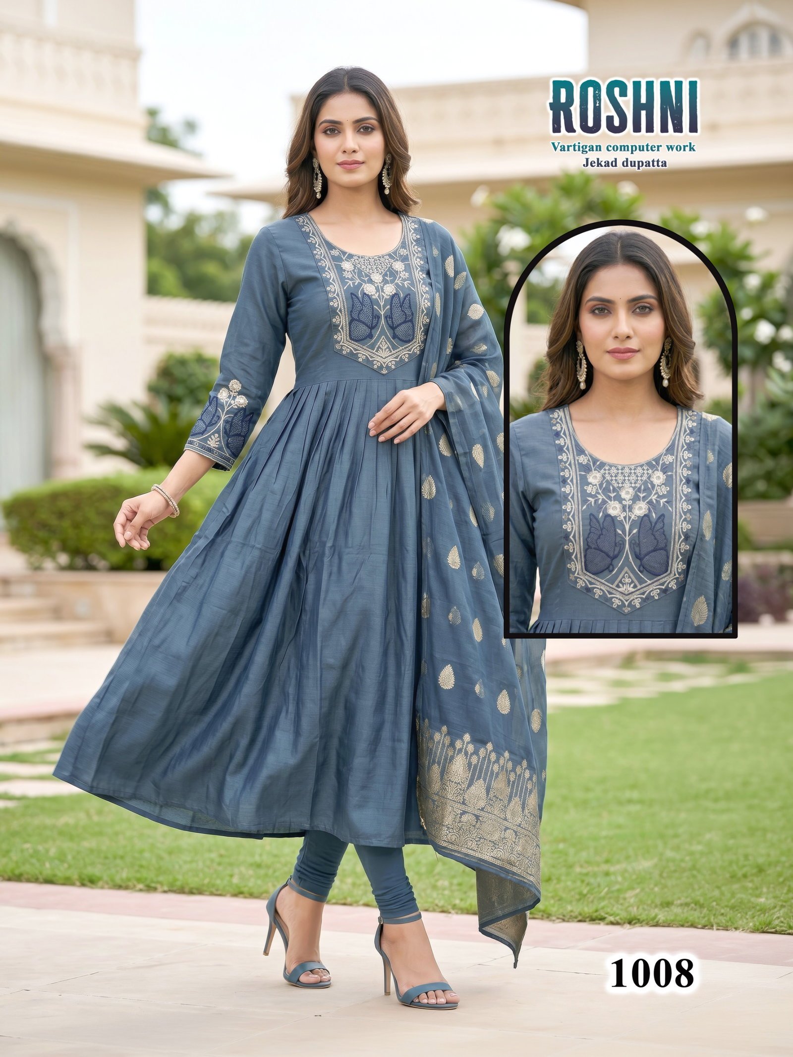 Latest Roshni D No 1001 To 08 Vertican Computer Worked Kurti Set Wholesale 2026