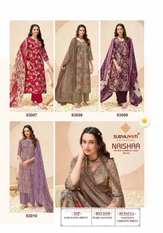 Latest Suryajyoti Naisha Vol 53 Jaam Satin Printed Dress Material Collection Wholesale 2026