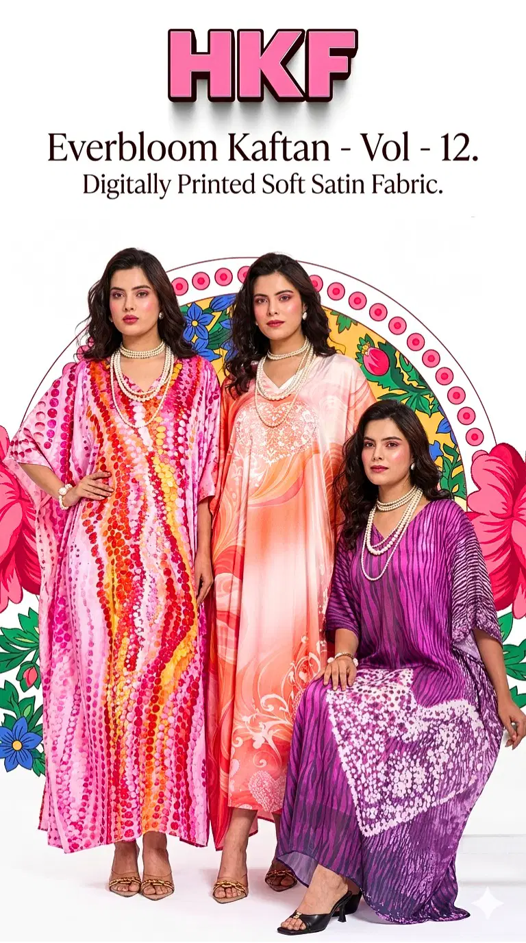 Hkf Everbloom Kaftan Vol 12 Soft Satin Printed Fancy Kaftan Collection Wholesale