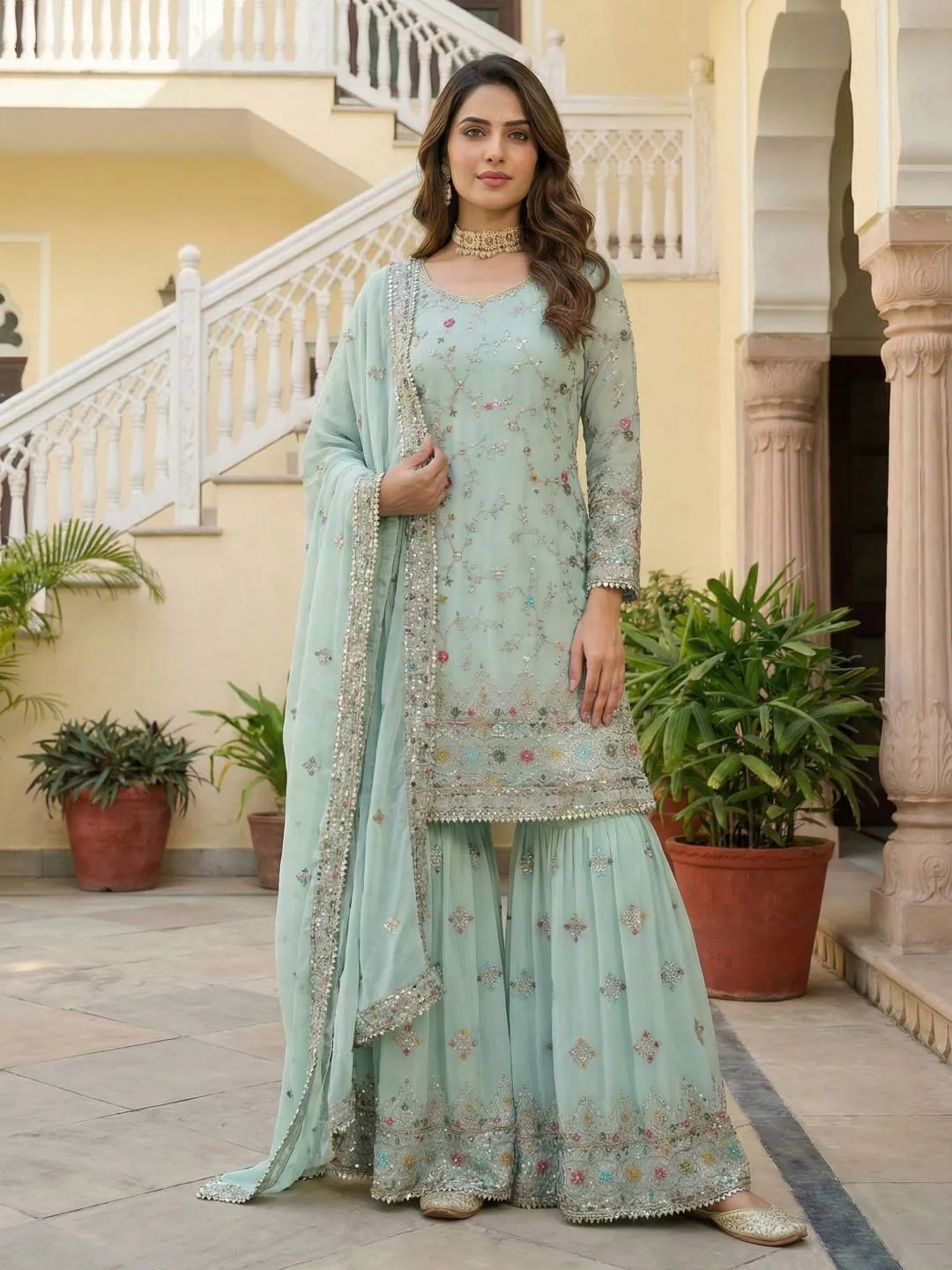 Launching DKT 5152 Georgette Embroidery Thread Wedding Pakistani Sharara Suit 2026