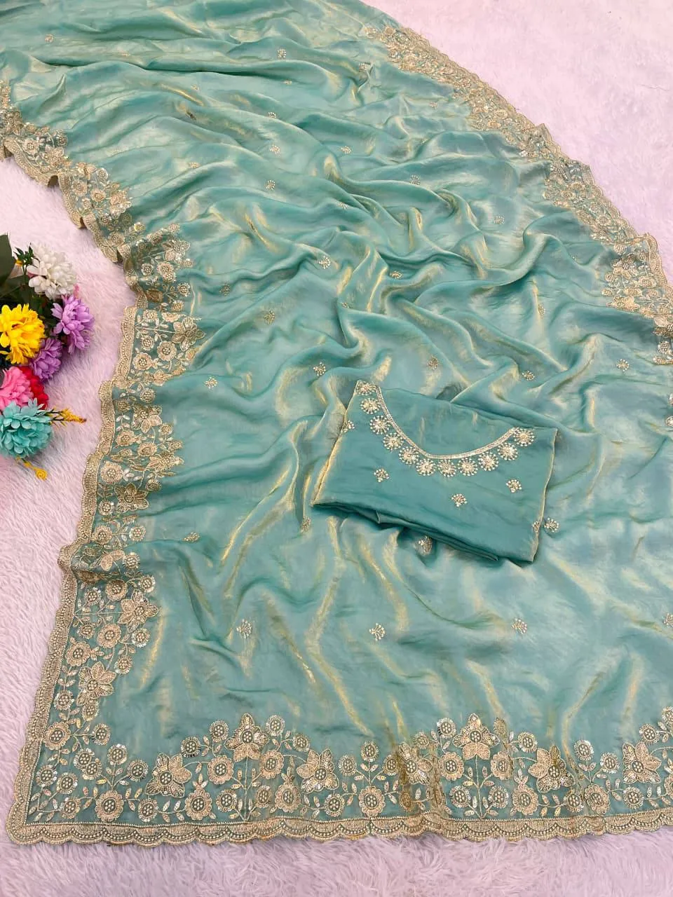 Stylish Kusum 818 Padmavati Fandy Satin Sequence Thread Work Saree 2026