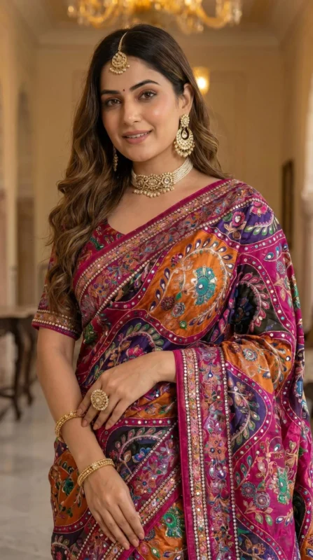 Beautiful WMS Creap Silk Printed Mirror Work Durgapuja Saree Manufacturer in Surat 2026
