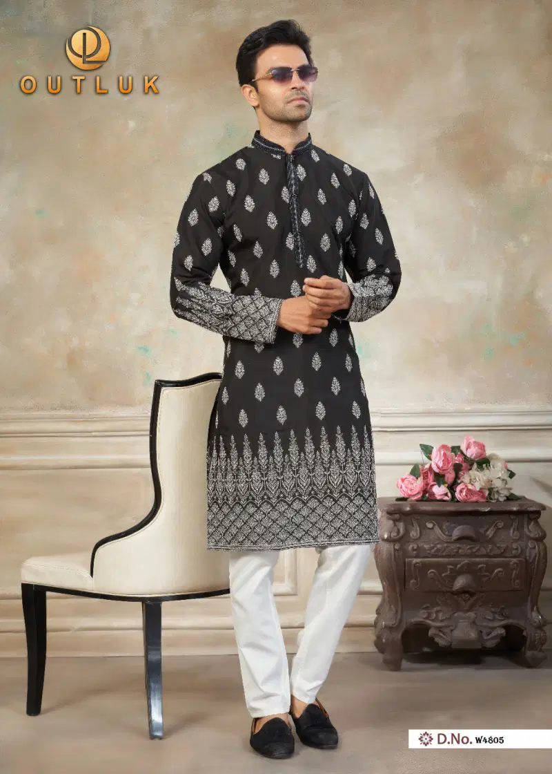 Outluk Wedding 48 Silk Embroidery Worked Kurta And Pajama Collection Wholesale
