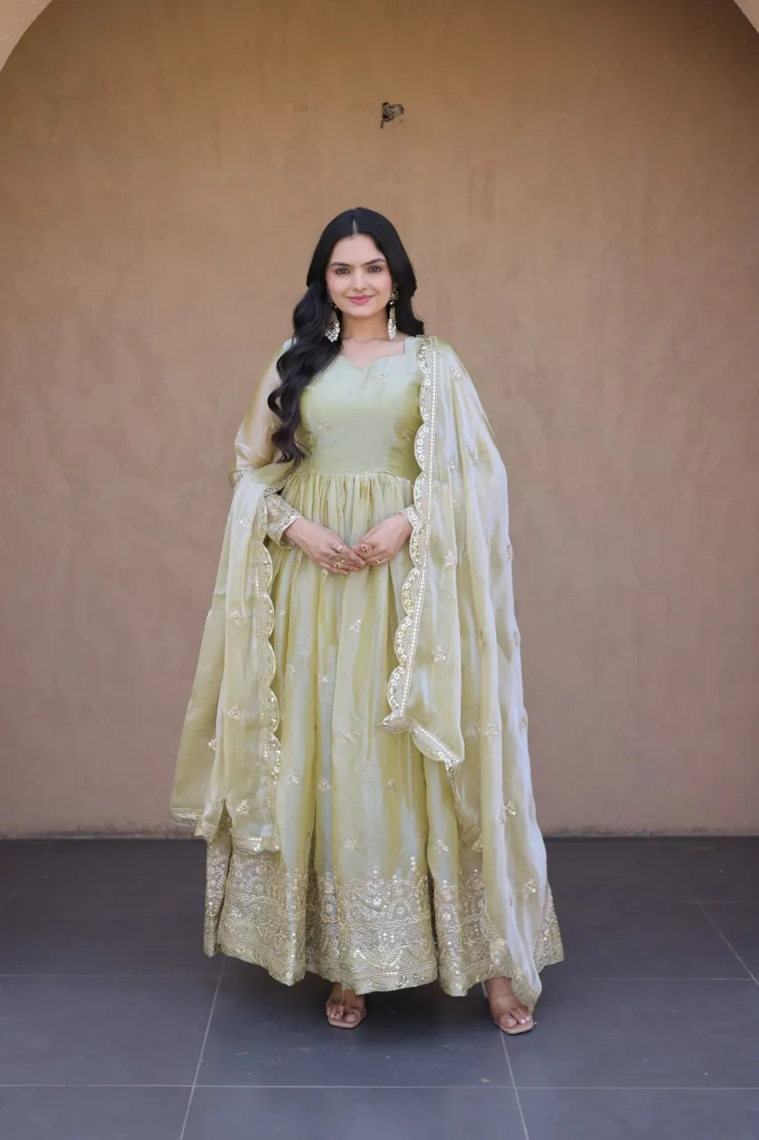 Stylish Moni 1260 Fendi Silk Zari Sequence Work Party Wear Gown Pant Dupatta 2026