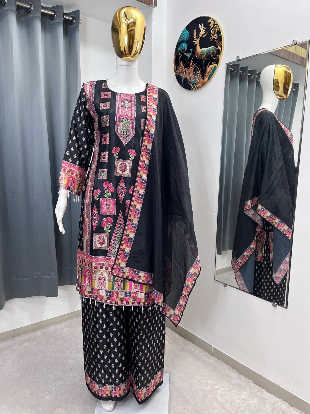 ASD 7110 Chinon Silk Printed Trending Durgapuja Kurti Palazzo With Dupatta