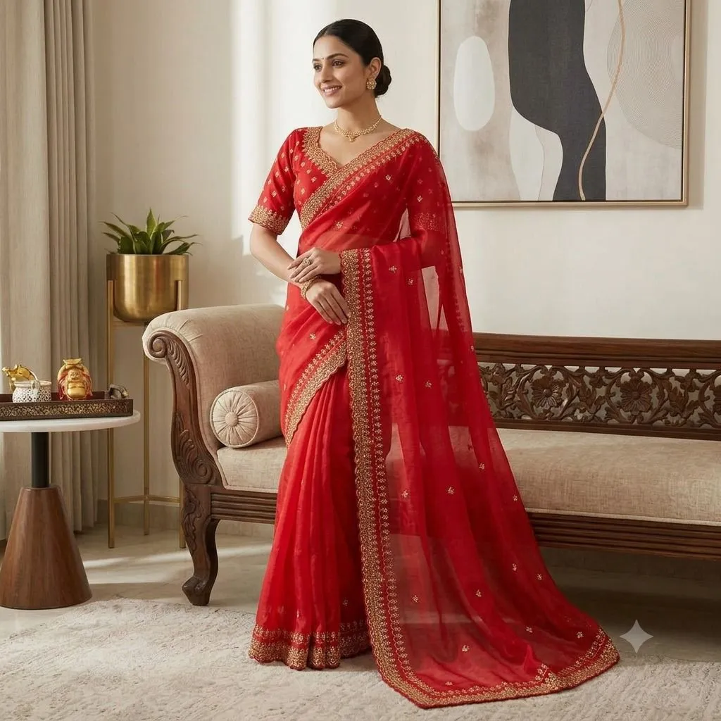 Kusum 671 Jimmy Choo Embroidery Work Red Party Wear Saree
