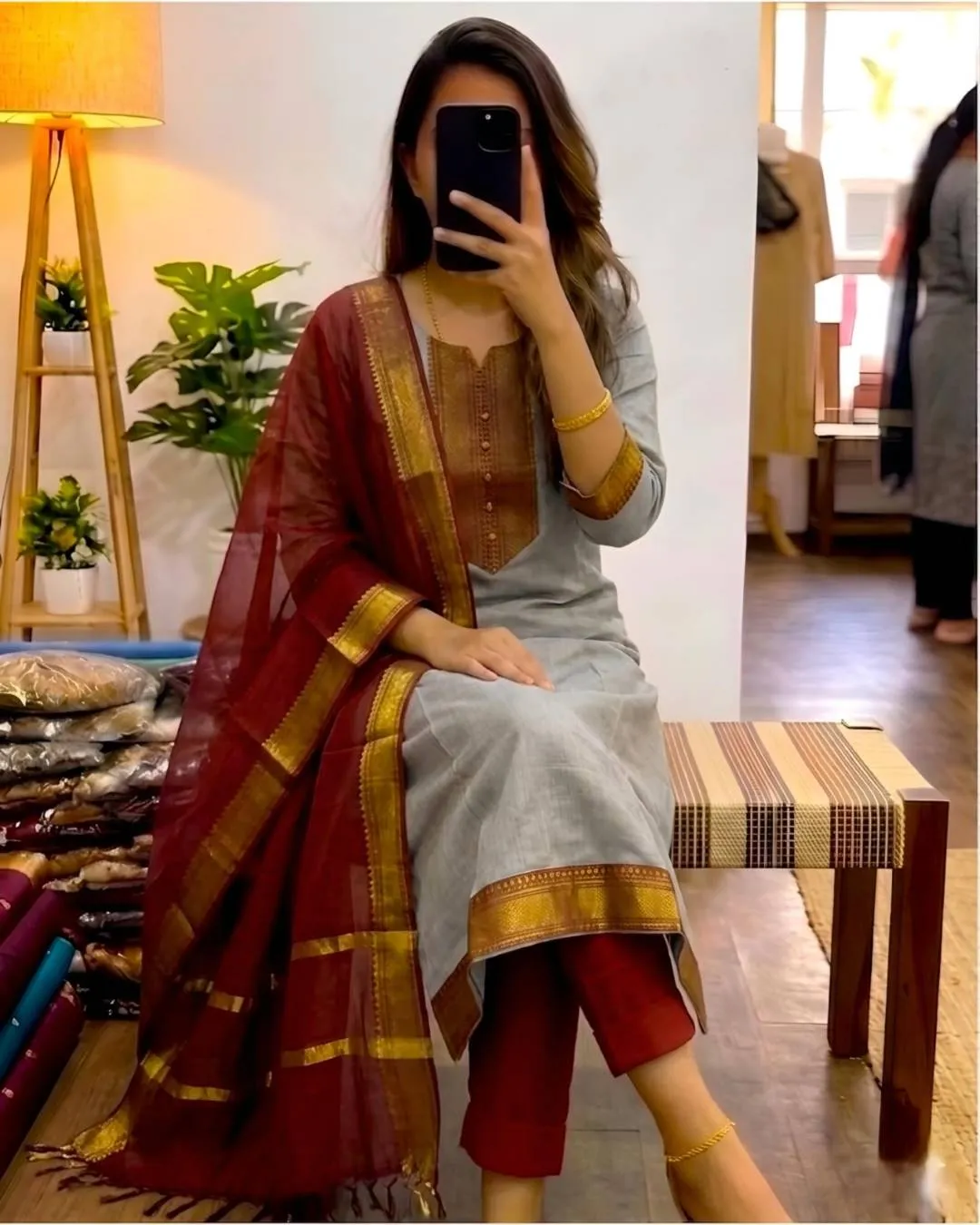 LFK Summer Kanchi Cotton Zari Work Festival Kurti Pant Dupatta