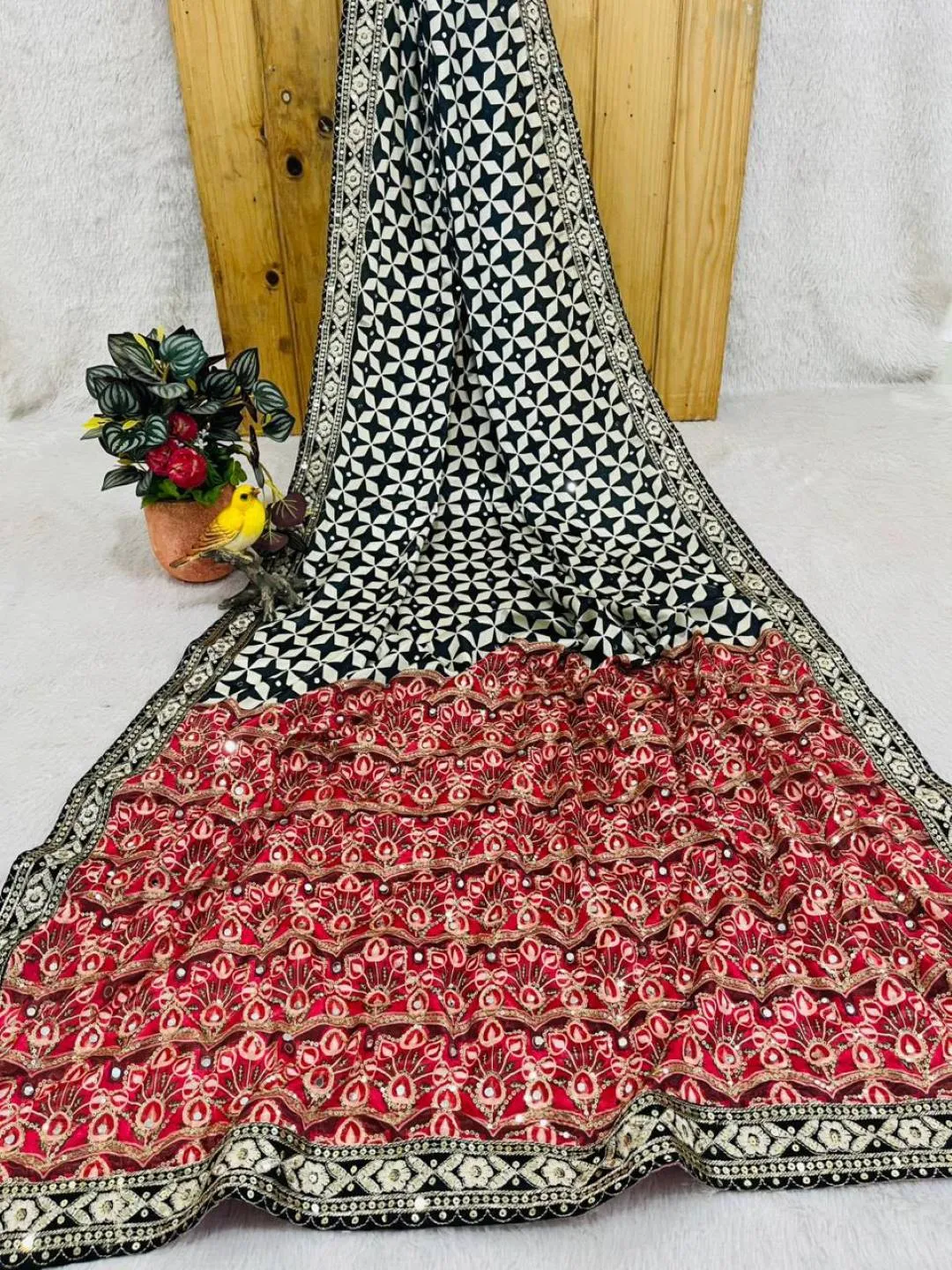 RBC 6082 Chinon Silk Mirror Work Printed Saree Supplier in Surat