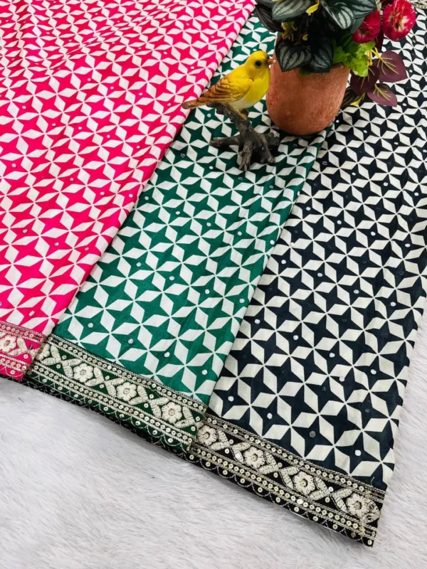 Beautiful RBC 6082 Chinon Silk Mirror Work Printed Saree Supplier in Surat 2026