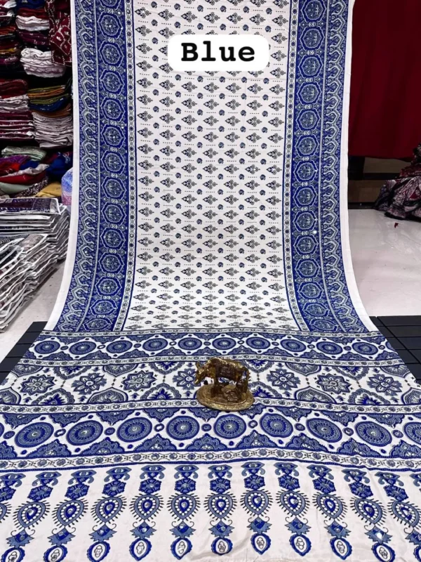 Launching Karishma Satin Silk Ajarkh Printed Mirror Work Festival Saree 2026