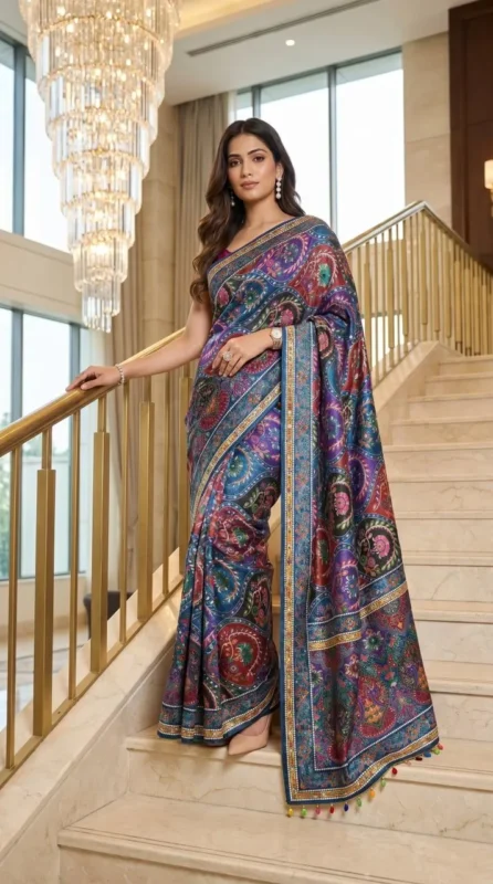 Beautiful WMS Creap Silk Printed Mirror Work Durgapuja Saree Manufacturer in Surat 2026